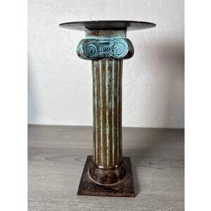 Vintage Greek Ionic Column Pillar Candle Holder Verdigris Bronze Finish 9 Inch